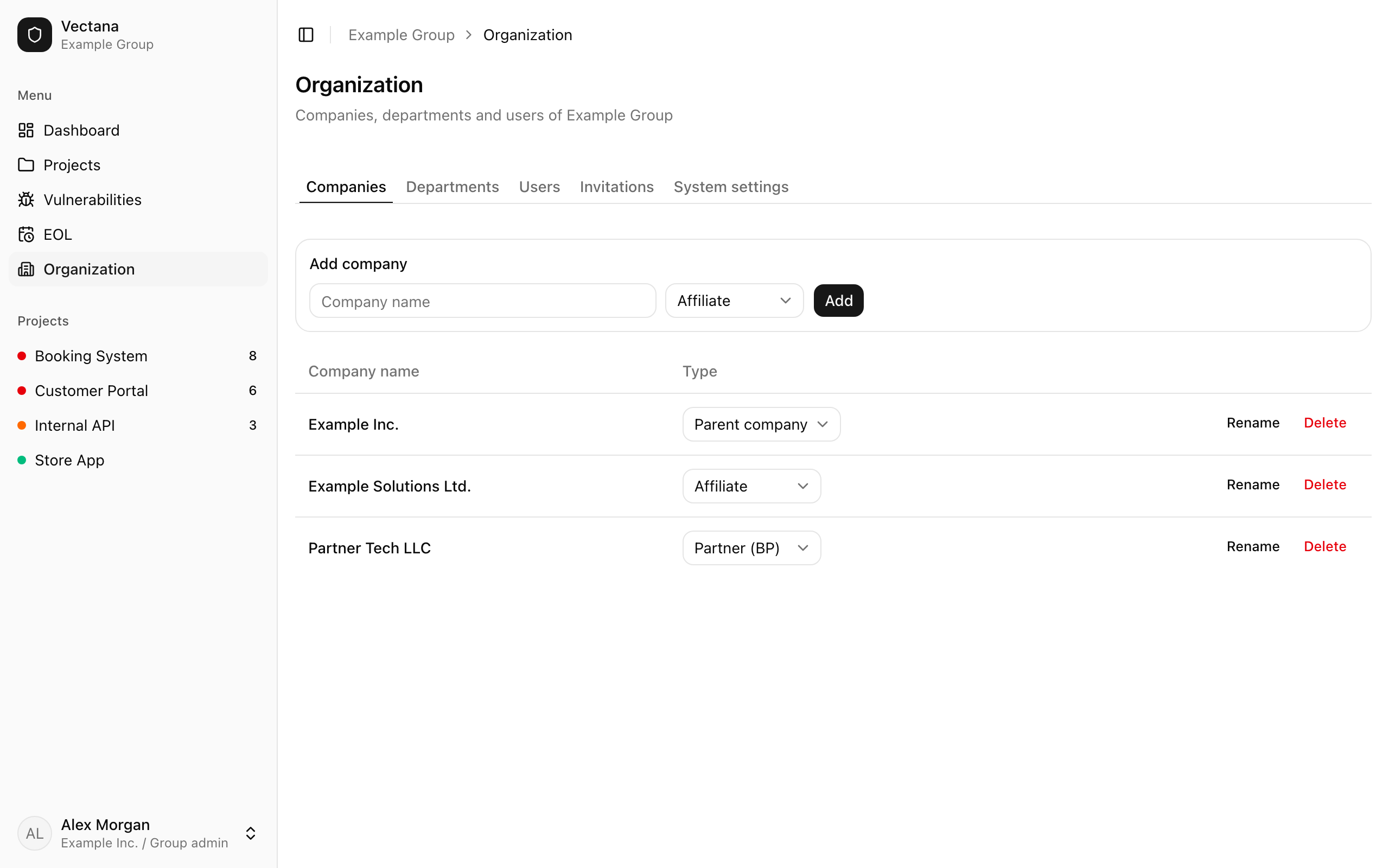 Companies tab in Organization