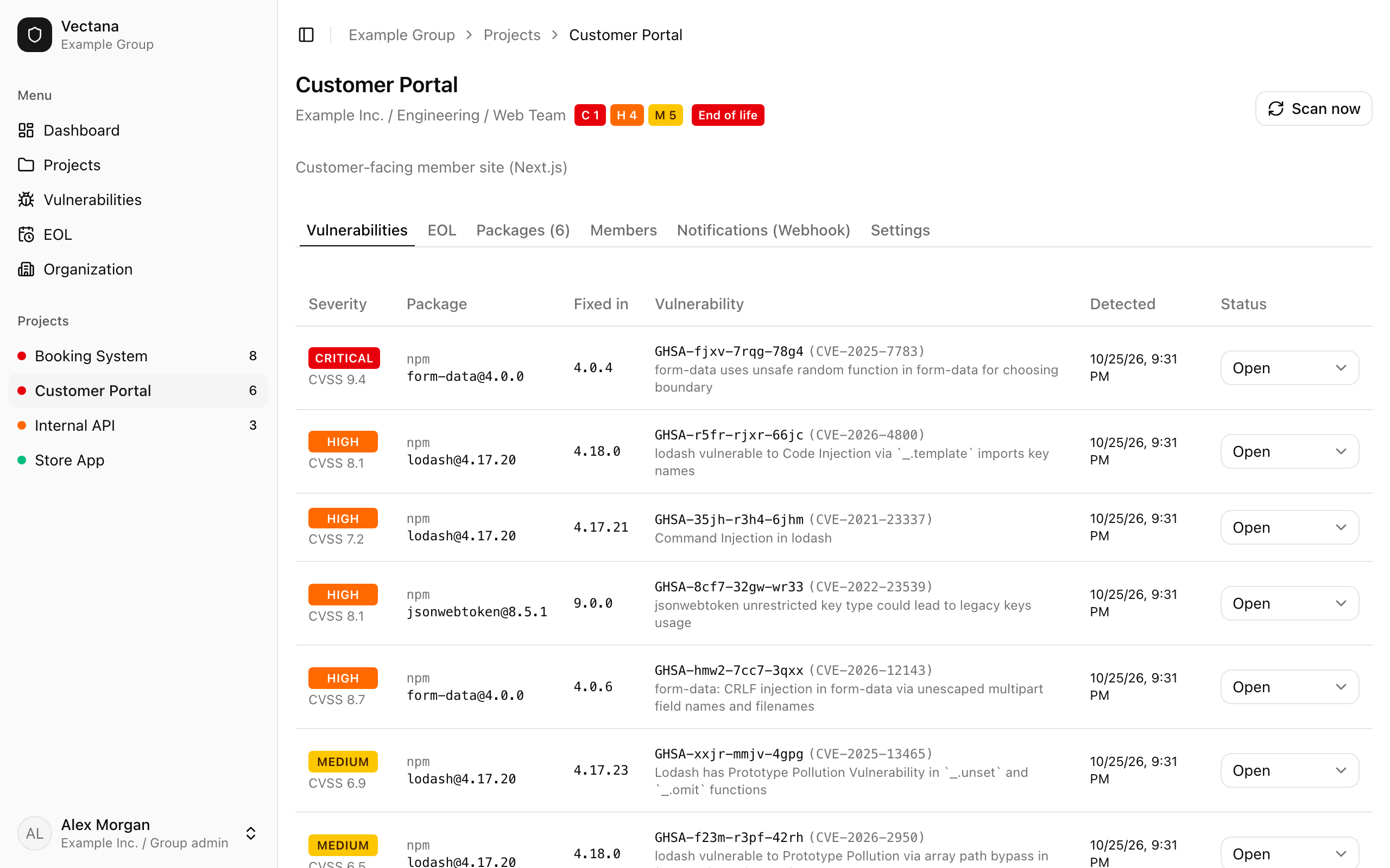 Project page (Vulnerabilities tab)