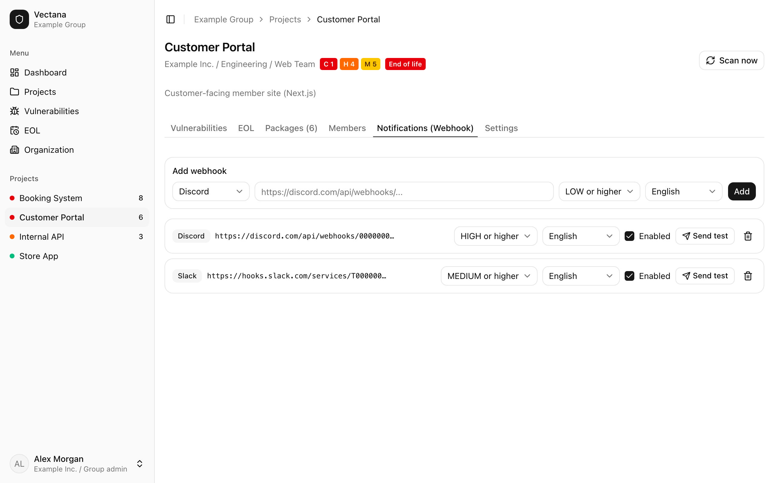 Notifications (webhook) tab